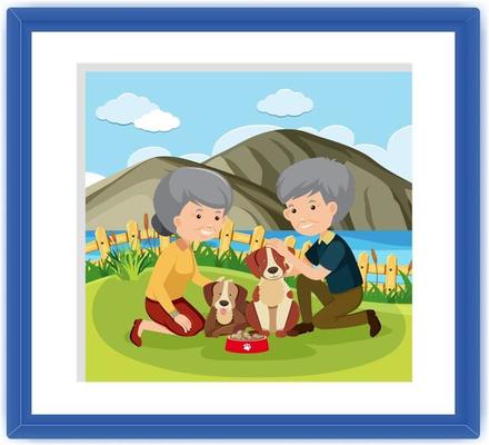 A picture frame with old couple playing their dog