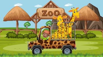 Safari scene at daytime with giraffe group on pickup truck vector