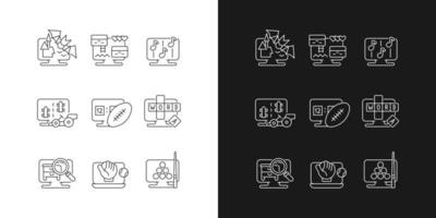 Simuladores en línea iconos lineales establecidos para el modo oscuro y claro. vector