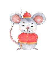 un ratón con traje tradicional chino. Ilustración acuarela. vector