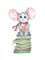 mouse sitting on a stack of books. Watercolor illustration.