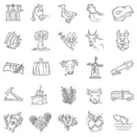 Conjunto de iconos dibujados a mano agrícola, contorno negro, icono de doodle, icono de vector