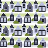 Houses with bushes on a striped background seamless pattern vector