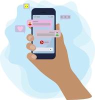 Hand holding mobile phone with chat, messages and people avatars vector