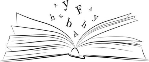 libro abierto, un boceto de un dibujo de un libro con letras voladoras.