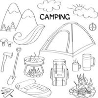 un conjunto de elementos de diseño del camping bosque doodle. vector