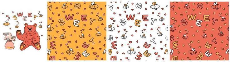 Set of three seamless vector patterns of outline cartoon bees hearts