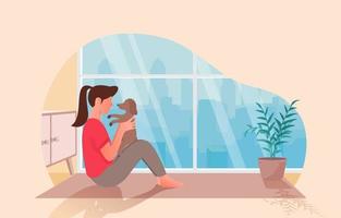 girl playing with her pet. vector illustration