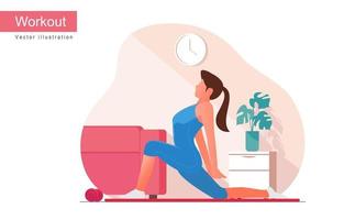 Woman doing workout indoor. Yoga and fitness at home, vector