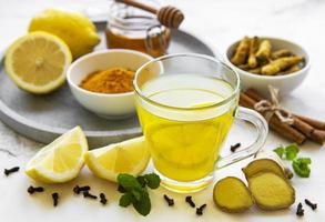 Energy tonic drink with turmeric, ginger, lemon and honey photo