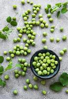 Green peas in a bowl on a gray concrete background. View from above. photo
