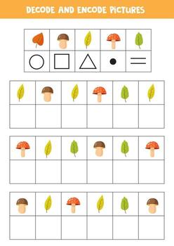 Decode and encode pictures. Write the symbols under autumn leaves. vector