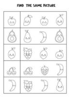 Find two the same fruits. Black and white worksheet. vector