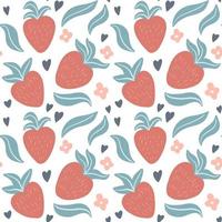 Cute seamless pattern with hand drawn strawberries, leaves, flowers vector