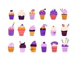 gran conjunto de cupcakes de colores brillantes en el estilo de garabatos planos vector