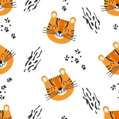 Cute seamless baby pattern with cartoon tiger head and paw prints