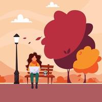 mujer con portátil en el parque otoño. freelance, concepto de trabajo remoto vector