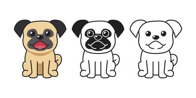 Vector cartoon set of pug dog