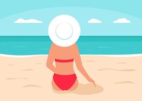 Woman in red swimsuit sits on beach and looks at sea, back view vector