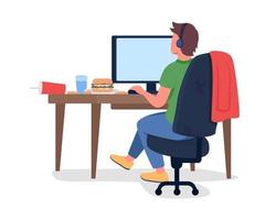 Man at computer desk semi flat color vector character