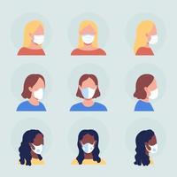 Ladies with white masks semi flat color vector character avatar set