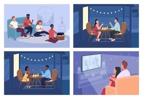 Home relaxation flat color vector illustration set