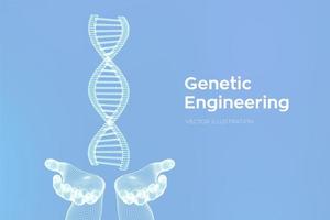 DNA sequence in hands. Wireframe DNA molecules structure mesh.