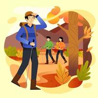 Happy People Hiking and Walking on Autumn vector