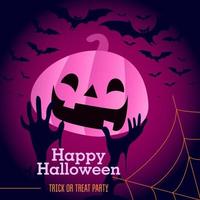 Halloween pumpkin with pink neon gradient, bats and zombie hands vector