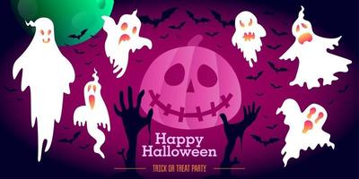 Halloween ghost with pink neon gradient, moon, bats and zombie hands vector