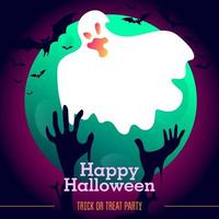 Halloween ghost with pink neon gradient, moon, bats and zombie hands vector