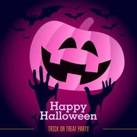 Halloween pumpkin with pink neon gradient, bats and zombie hands vector