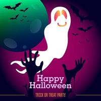 fantasma de halloween con gradiente de neón rosa, luna, murciélagos y manos de zombie vector