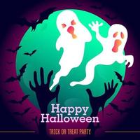 Halloween ghost with pink neon gradient, moon, bats and zombie hands vector