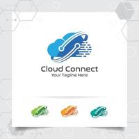 Cloud hosting logo vector with digital computing and connect symbol