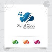 Diseño vectorial de logotipo de alojamiento en la nube con símbolo digital y de datos vector