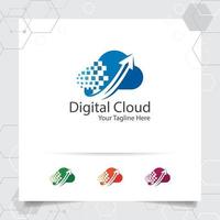 Diseño vectorial de logotipo de alojamiento en la nube con símbolo digital y de datos vector