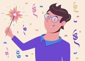 Young man holding burning sparklers. Friends celebrate on party. vector
