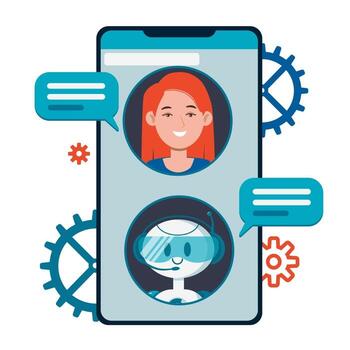 Chatbot concept. Users chatting with cute robot chat bot vector