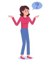 Girl with question mark in think bubble. Young troubled woman. vector