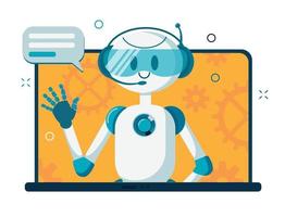 sonriente robot de personaje de chat bot que ayuda a resolver un problema. vector