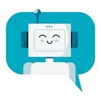 Smiling cute robot chat bot in speech bubble. Support service vector