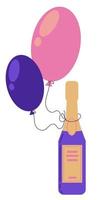 Champagne bottle with balloons. Celebrating birthday, vector