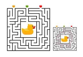 Square maze labyrinth game for kids with rubber duck. Labyrinth logic vector