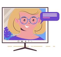 hablando por Internet. chica en la pantalla del monitor. trabajar desde casa, autónomo vector