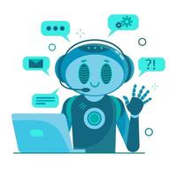 Smiling chat bot character robot helping solve a problems. For website vector