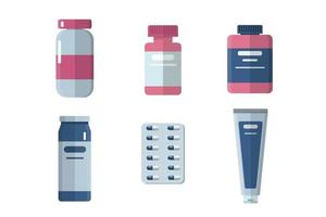 Set of drugs with labels. Healthcare and pharmacy. Flat style. vector