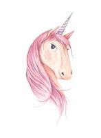 Hermosa cabeza de unicornio para diseño infantil. Ilustración acuarela. vector