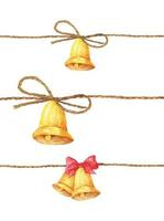 Set of Golden bell hanging on rope. Watercolor illustration. vector