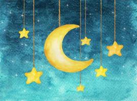 Yellow moon and stars hanging from strings. Watercolor illustration. vector